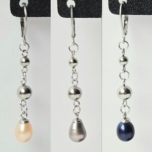 Trio Pearl Dangle Earrings Set-Pink, Gray, Blue, Silvertone Setting, Leverbacks